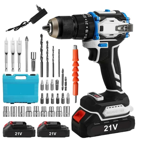 21V Trådløs Boremaskine, Justerbart Moment 70N·M, 1800rpm Hastighed,Med 2XBatteri