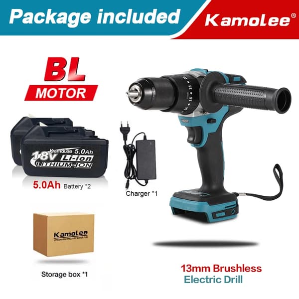 Kamolee 13MM Børsteløs Elektrisk Boremaskine, 520N.m Moment, 5000rpm Hastighed,2x5,0 Ah karton, EU