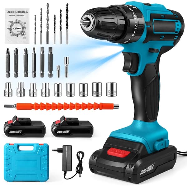 28V Trådløs Boremaskine, Høj Moment 32Nm, Dobbelt Hastighed 0-1350rpm Elektrisk Skruetrækker,Med 2PCS Batteri, EU