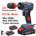 Miniatyrbillede 2 af 2: 21V Trådløs Boremaskine, 55Nm Moment, 3200 RPM Hastighed,Sæt 2 2 stk batteri, EU