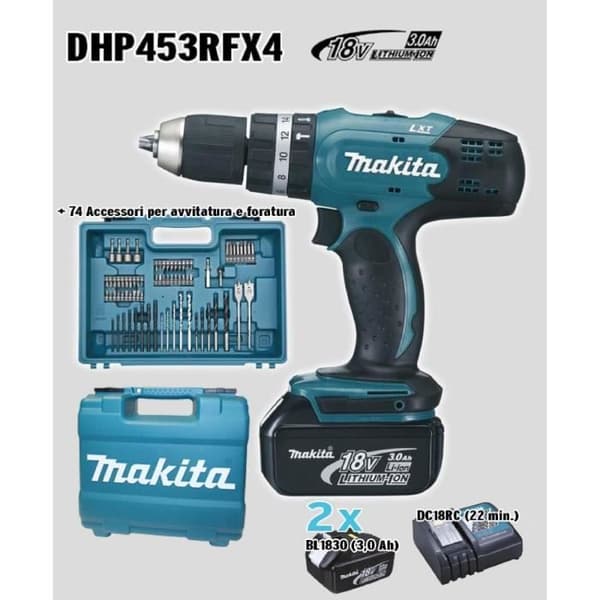 Slagborrmaskin 18V LXT (2x3,0 Ah) med 74 tillbehör - MAKITA DHP453RFX4