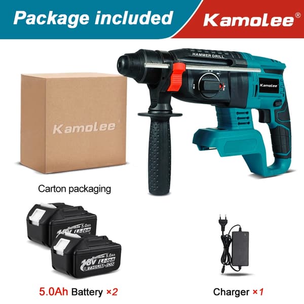 Rotary Hammer Boremaskine, Børsteløs Motor, 2000W Effekt,EU, 2x5.0Ah Karton