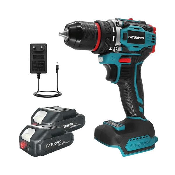 Batteridrevet boremaskine, 2-hastigheds kontrol, børsteløs motor,EU, 2PCS 2.0Ah Batteri