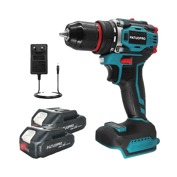Batteridrevet boremaskine, 2-hastigheds kontrol, børsteløs motor,EU, 2PCS 2.0Ah Batteri