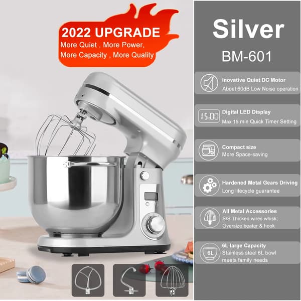 BioloMix Keittiösekoitin, 1200W Teho, 6L Kapasiteetti,6L hopea BM-601, EU