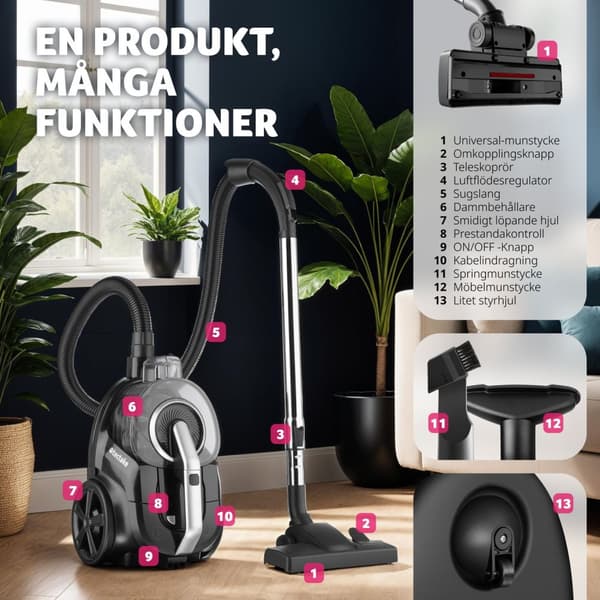 Dammsugare VC900, 900 W, påslös, hårda golv och mattor - svart/grå