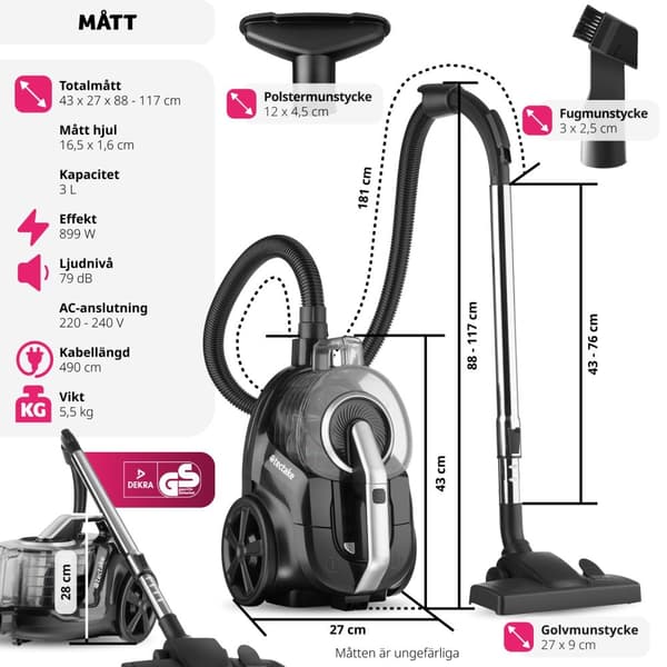 Dammsugare VC900, 900 W, påslös, hårda golv och mattor - svart/grå