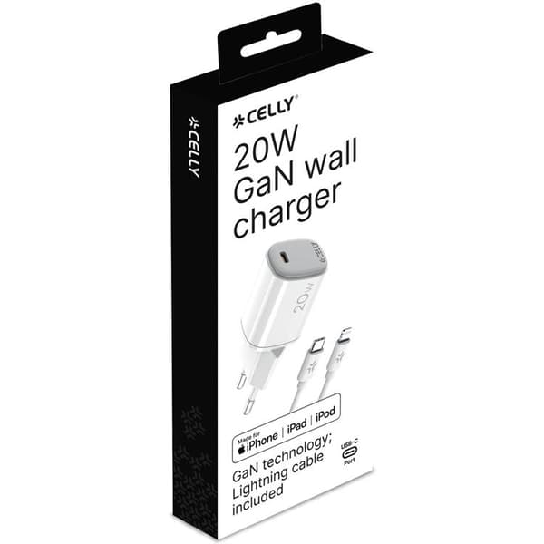 Celly Snabbladdare GaN 1 x USB-C PD 20W + Lightning Kabel
