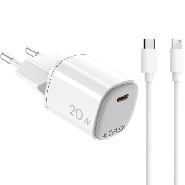 Celly Snabbladdare GaN 1 x USB-C PD 20W + Lightning Kabel Vit