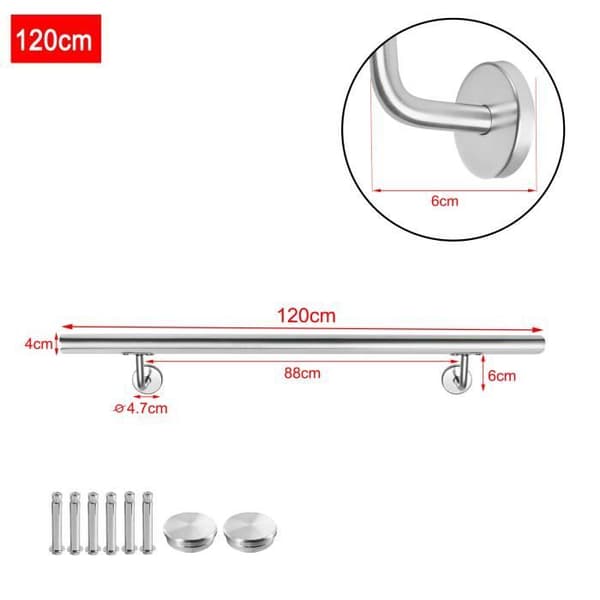 XMTECH 120 cm väggräcke, trappräcke i rostfritt stål, trappräcke med fäste och gavlar, silver