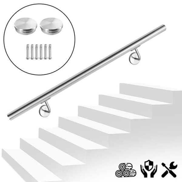 XMTECH 120 cm väggräcke, trappräcke i rostfritt stål, trappräcke med fäste och gavlar, silver