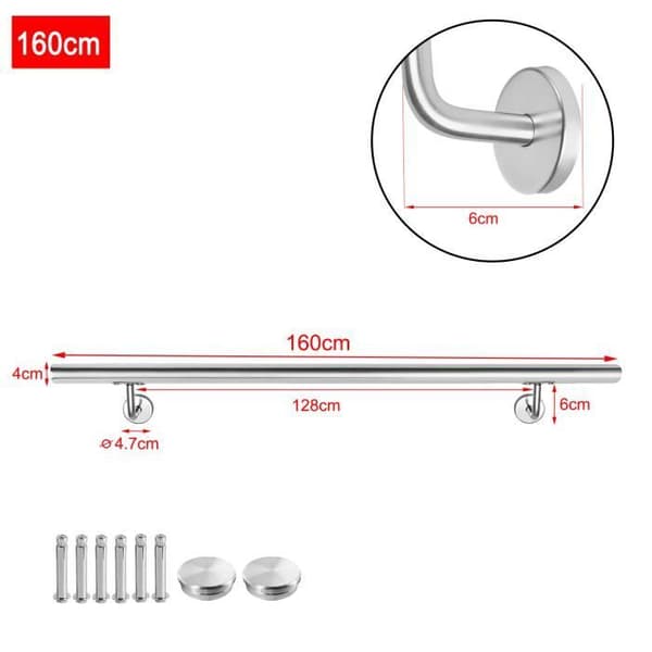 XMTECH 160 cm väggräcke, trappräcke i rostfritt stål, trappräcke med fäste och gavlar, silver