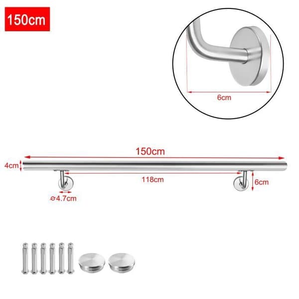 XMTECH 150 cm väggräcke, trappräcke i rostfritt stål, trappräcke med fäste och gavlar, silver