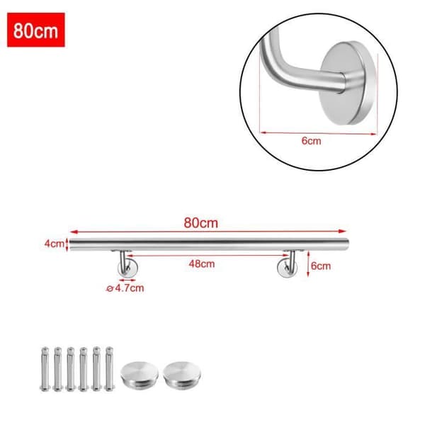 XMTECH 80 cm väggräcke, trappräcke i rostfritt stål, trappräcke med fäste och gavlar, silver