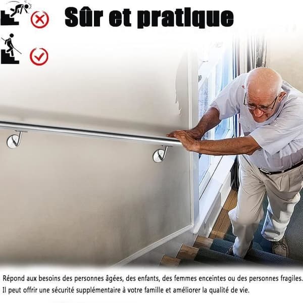 LZQ 100cm rostfritt stål ledstång trappräcke väggmonterad ledstång trapp väggfäste, utomhus med väggfästen fäste