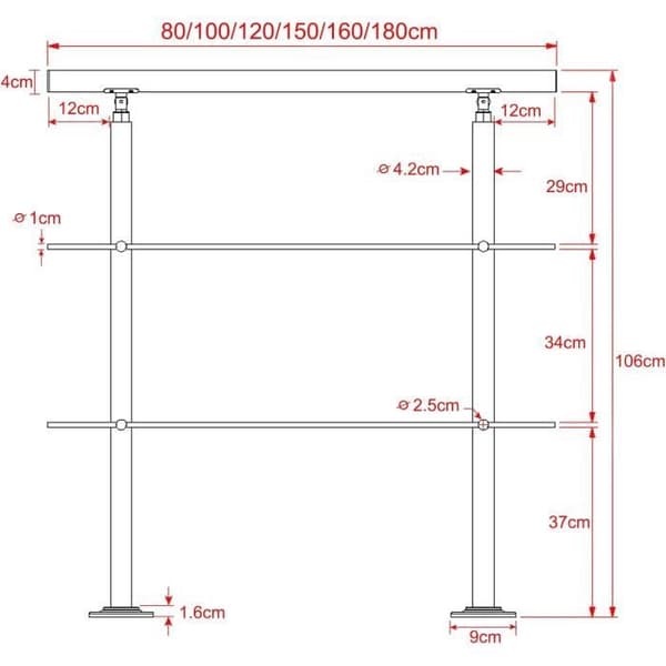 Trappa räckes - LARS360 - 180 cm - Rostfritt stål - Inomhus &amp; utomhus - 2 tvärstänger