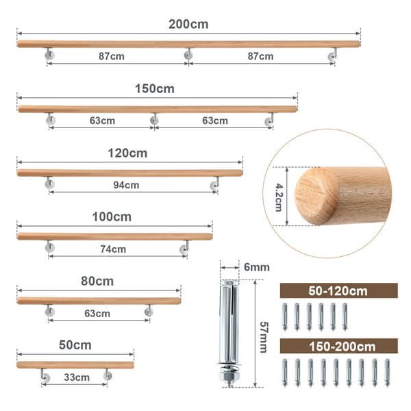 Bokhandledare 50cm rund trähandledare upp till 2 meter med metallpluggar Balustrade