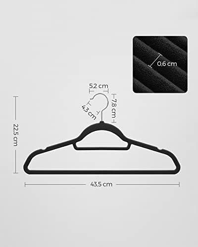 Songmics Velvet Hangers, 20 klädrock hängare, icke-halk, 360 ° svängbar krok, svart
