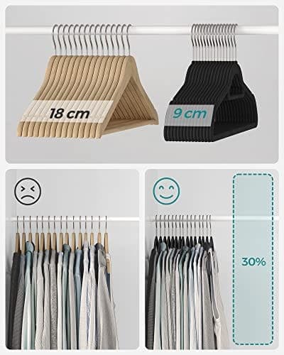 Songmics Velvet Hangers, 20 klädrock hängare, icke-halk, 360 ° svängbar krok, svart
