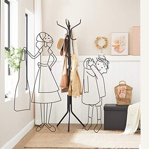 Songics Metal Coat -teline, vaateteline, hattu käsilaukku, 182 cm korkea salissa puu, musta