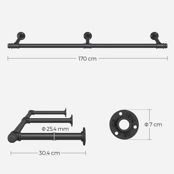 Songmics Vægmonteret tøj Rail Industrial Space Saving 30,4 x 170 x 7 cm sort