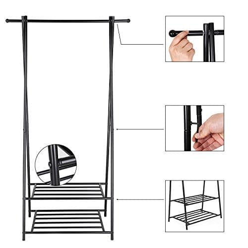 Songmics Coat Rack, Coat Stand, tøjstativ med 2-lags opbevaringshylde til sko og kurve, sort
