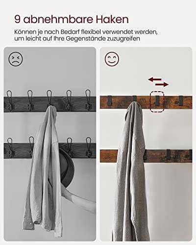 VASAGLE knagerække, knageholder med skoopbevaringsbænk, 4-i-1 design, rustik brun og sort