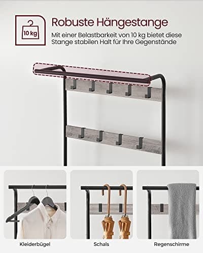 VASAGLE klädhängare, klädstativ med skoförvaringsbänk, 4-i-1-design, greige och svart