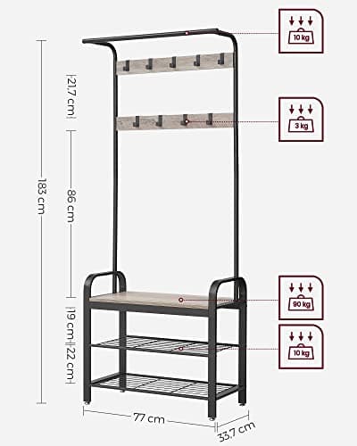 VASAGLE klädhängare, klädstativ med skoförvaringsbänk, 4-i-1-design, greige och svart
