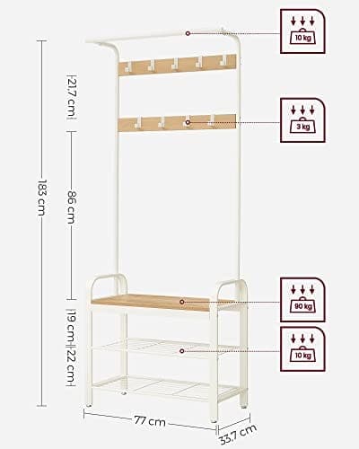 Vasagle Coat Rack, frakke står med skoopbevaringsbænk, 4-i-1 design, med 9 aftagelige kroge, en tøjskinne, eg og fløde