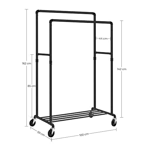 SONGMICS Industrial Pipe -vaateteline pyörillä, enimmäiskuorma 110 kg, musta