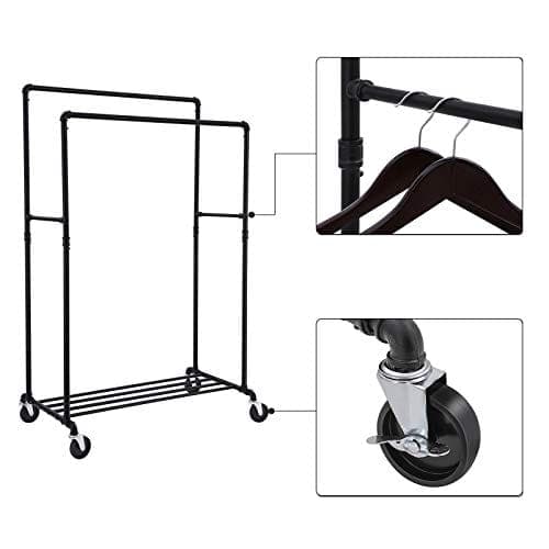 SONGMICS Industrial Pipe -vaateteline pyörillä, enimmäiskuorma 110 kg, musta