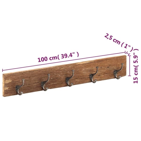 knagerække med 5 knager 100x2,5x15 cm massivt genbrugstræ