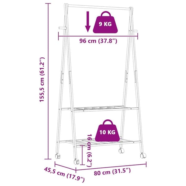 vidaXL Klesstativ med hyller og hjul 96x45,5x155,5 cm bambus