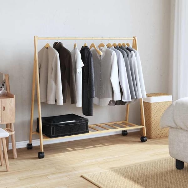 vidaXL Vaateteline hyllyillä ja pyörillä 106x34x106,5 cm bambu