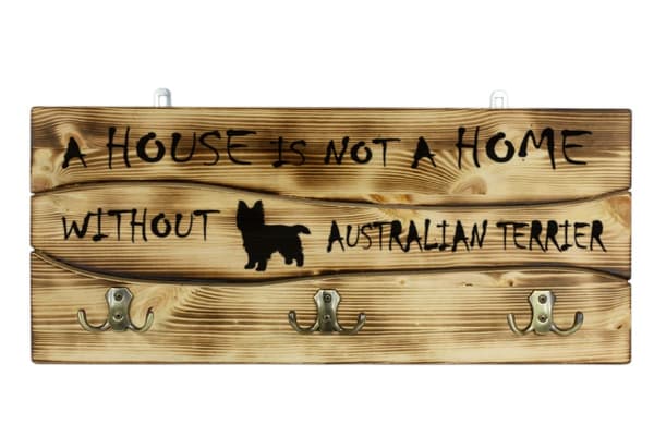 Australianterrieri, Aussie - vaateripustin koiran kanssa, mitalinäyttely, Art-Dogin sisustus