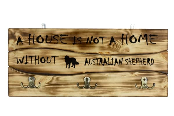 Australianpaimenkoira, Aussie - vaateripustin koiran kanssa, mitalinäyttely, Art-Dogin sisustus