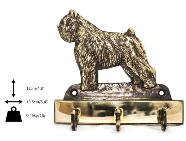 Bouvier des Flandres - avaimenperä koiran kanssa, messinkipidike koiratarvikkeille, elegantti Art-Dogin aulakoriste