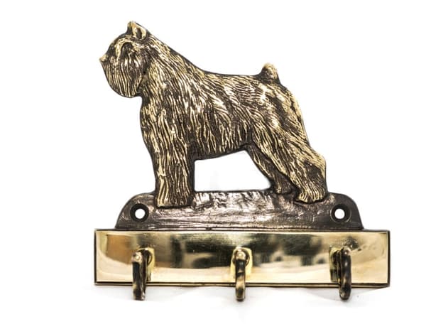 Bouvier des Flandres - avaimenperä koiran kanssa, messinkipidike koiratarvikkeille, elegantti Art-Dogin aulakoriste