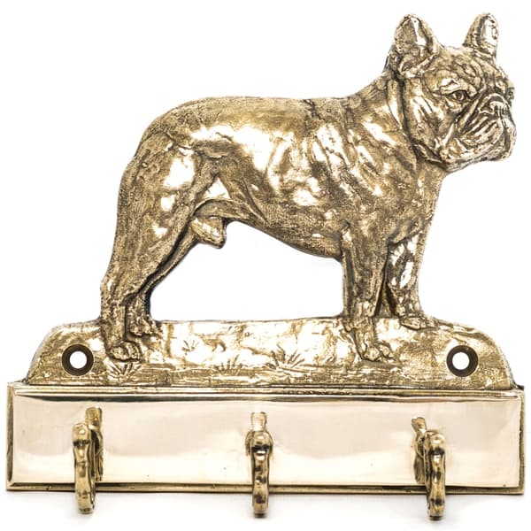 Ranskanbulldoggi - avaimenperä koiran kanssa, messinkipidike koiratarvikkeille, elegantti Art-Dogin hallin koristelu
