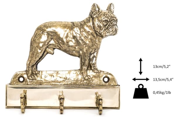 Ranskanbulldoggi - avaimenperä koiran kanssa, messinkipidike koiratarvikkeille, elegantti Art-Dogin hallin koristelu