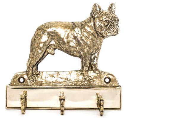 Ranskanbulldoggi - avaimenperä koiran kanssa, messinkipidike koiratarvikkeille, elegantti Art-Dogin hallin koristelu
