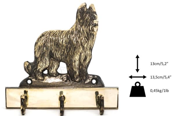 Ranskanpaimenkoira Briard, Berger de Brie - avaimenperä koiran kanssa, messinkipidike koiratarvikkeille, tyylikäs Art-Dogin aulakoriste