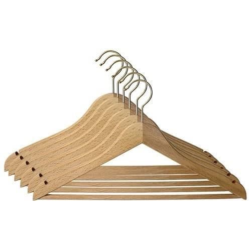 MONDEX M-HOME Set med 6 böjda klädhängare i lackat trä med stång och hakar - 45 cm