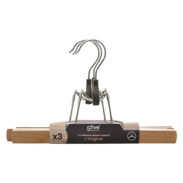 Klädhängare med klämmor - FIVE - Massivt trä - Set om 3 - Mått 25x2.2x16 cm - Vikt 0.33 kg