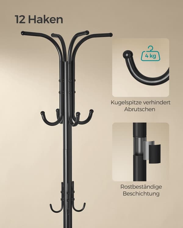 Vapaasti seisova vaateripustin, vaateteline sateenvarjopidikkeellä, 12 koukkua, metallia, 175 cm korkea, mustemusta