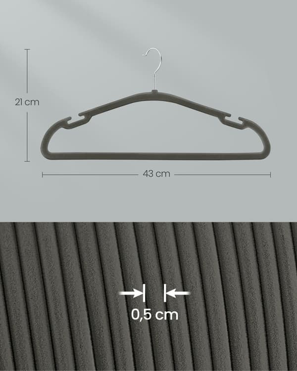 Fløjlsbøjler, SONGMICS, 43 x 21 cm, Grå.