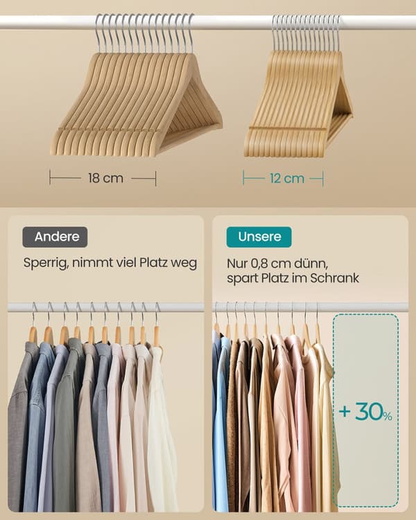 Set van 30 houten hangers met 360° draaibare haken, natuurlijke kleur