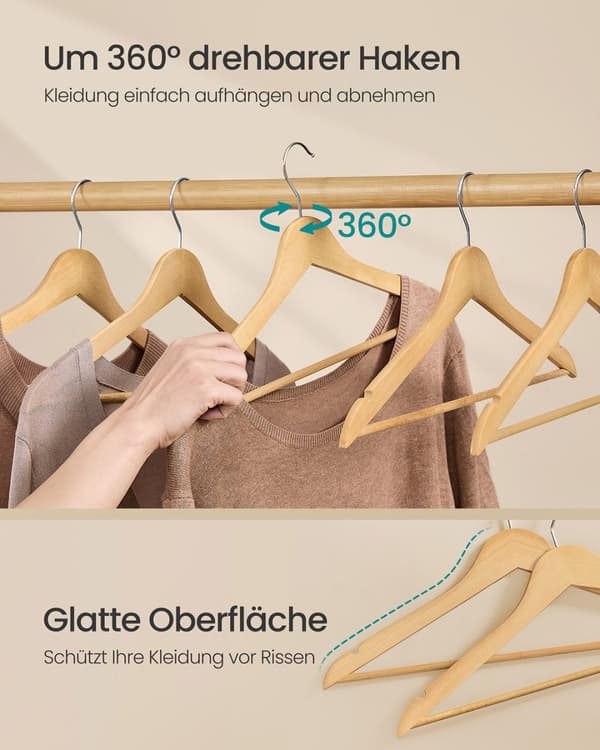 Set van 30 houten hangers met 360° draaibare haken, natuurlijke kleur