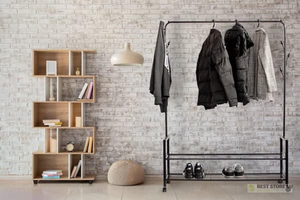 Stående bøjle med 2 hylder, tøjstativ med hjul, ModernHome